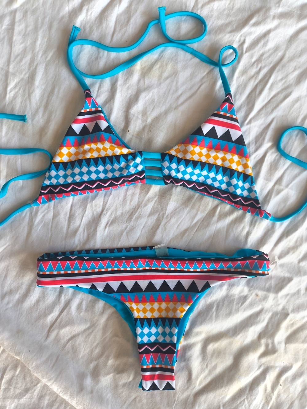 Bright Aztec-Print Triangle Bikini Set in Turquoise